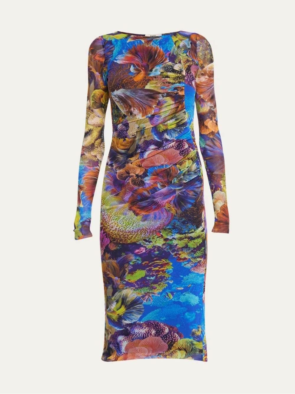 FUZZI Coral Reef Print Ruched Tulle Midi Dress